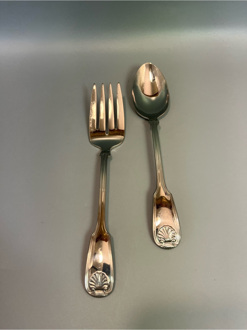 Reed and Barton Colonial Shell 1961 Stainless Flatware Meat Fork & Serving Spoon
